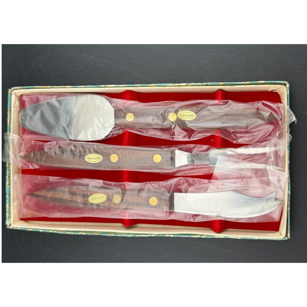 Vintage Stainless Steel 3pc Serving Set-Wood Handle, Cheese Pie Fork, Japan, NIB